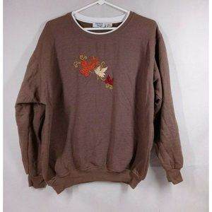 Vtg Hartfield Design Brown Sweatshirt With Beaded Embroidered Leaves Design XL